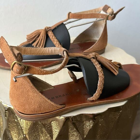 LUCKY BRAND Braided Brown Suede Leather Tassel Thong Sandals Strappy 8 38 Flats - Picture 5 of 10